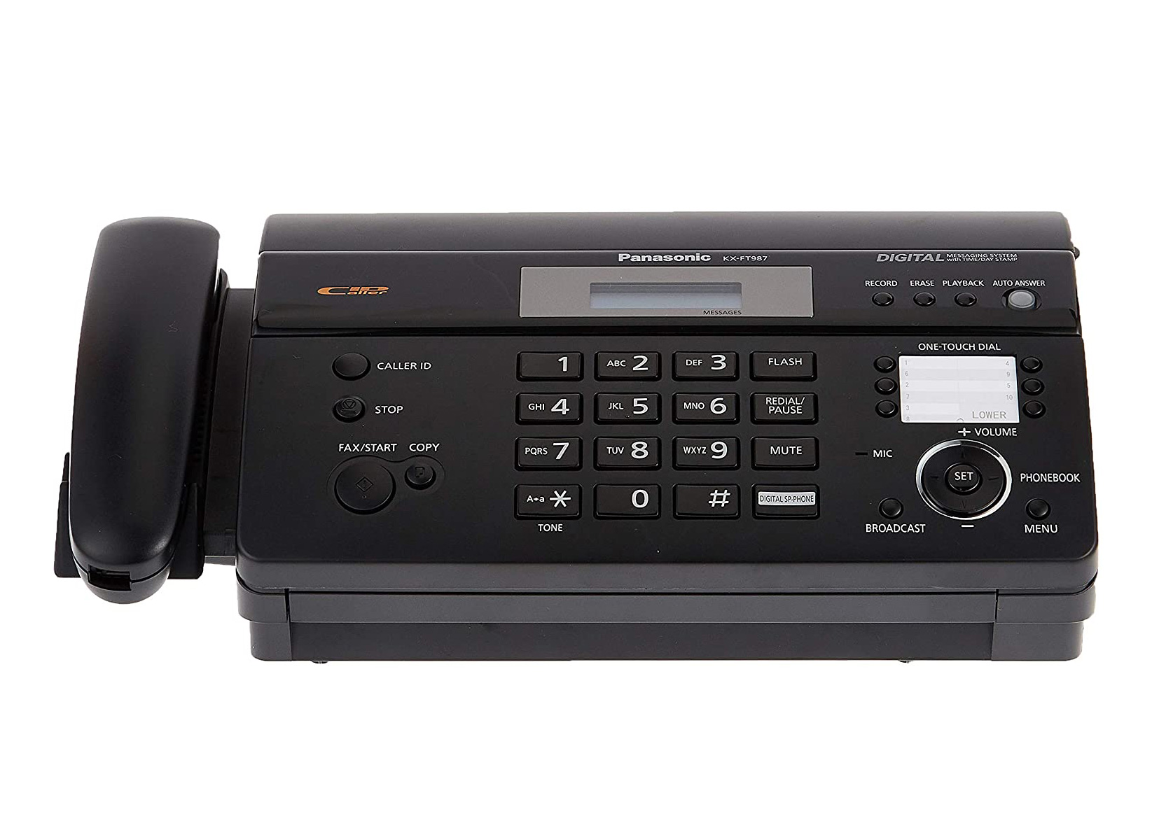 خرید فکس حرارتی پاناسونیک مدل KX-FT987CX امروزه در بازار تولیدات تلفن و دستگاه های ارتباطی شرکت های متعددی در راستای کسب بیشترین سود فروش با یکدیگر رقابت تجاری می کنند که یکی از معروف ترین این برند ها، کمپانی معتبر پاناسونیک می باشد که تولیدات متنوع و با کیفیت زیادی وارد بازار جهانی ارتباطات کرده است، در این وهله میخواهیم به معرفی یکی از محصولات این شرکت یعنی دستگاه فکس حرارتی مدل (KX-FT987CX) بپردازیم که با توجه به کیفیت ساخت و فنی خود و همچنین چندکاره بودن خود محبوبیت زیادی در بین مشتریان بدست آورده است. مشخصات کلی دستگاه فکس مدل (KX-FT987CX) یکی از جدیدترین تولیدات برند معتبر پاناسونیک در زمینه طراحی و تولید ماشین های اداری رسته کاربری ارتباطی به شمار می رود که با با ساختار ظاهری به ابعاد (121×352×450) میلی متر و تنها با 3 کیلوگرم وزن براحتی قابل حمل و جابجایی بوده و با طراحی ساده و زیبا به رنگ بندی مشکی علاوه بر دستگاه تلفن به هر دو قابلیت با کاربری عملیات فکس و کپی نیز مجهز می باشد. Panasonic KX-FT987CX FAX این دستگاه ضمن تجهیز به تکنولوژی چاپ حرارتی، قادر است تمامی اسناد اداری یا حتی تصاویر خانوادگی شما را با بهره مندی از فناوری (Level Halftone 64) بصورت فکس ارسال یا کپی کند، از سوی دیگر تجهیز به گوشی تلفن به همراه صفحه نمایش نوع (LCD) جهت نمایش اطلاعات عملکرد دستگاه و پنل کلیدهای کنترلی، فرآیند اصلی ترین کارآیی آن یعنی برقراری تماس را تکمیل می کند که در ادامه بیشتر به آن خواهیم پرداخت. مشخصات فنی پاناسونیک مدل (KX-FT987CX) در بحث مشخصات فنی دارای یک گوشی باسیم، پنل کلیدهای کنترلی به همراه شماره های تماس و همچنین نمایشگری جهت تبیین وضعیت دستگاه است که از مهمترین امکانات آن در کارآیی برقراری تماس تلفنی میتوان به مواردی نظیر قابلیت شماره گیری خودکار با جست و جوی شماره مورد نظر از طریق کلیدهای کنترل منو (Navigation Keys)، قابلیت (Caller ID) یا در اصطلاح نمایش شماره تماس ورودی قبل از برقراری ارتباط، بهره مندی از حافظه دفترچه تلفن به میزان حداکثر 100 شماره و در انتها قابلیت منشی تلفن با امکان ذخیره حداکثر 18 دقیقه از پیام های دریافتی اشاره کرد. یکی دیگر از کاربردهای دستگاه مورد نظرمان مربوط به کارآیی عملیات فکس می شود که بوسیله این مدل می توان هرگونه اسناد و مدارک را با کیفیت بالا و با تکنولوژی چاپ حرارتی در قالب فکس ارسال یا دریافت کرد، علاوه بر آن امکاناتی که می توان برای عملیات فکس دستگاه فوق عنوان کرد مواردی از قبیل تجهیز به حافظه داخلی فکس به میزان حداکثر 25 برگ، ارسال خودکار و اتوماتیک فکس بصورت همزمان به چندین شماره تماس یا حتی ارسال با تاخیر یا ارسال در بازه های از قبل زمانبندی شده خواهد بود. Panasonic KX-FT987CX FAX دستگاه فکس پاناسونیک همانطور که گفتیم علاوه بر امکانت فوق الذکر دارای کارآیی عملیات کپی نیز می باشد، بطوریکه می توان اسناد و مدارک یا حتی عکس های خانوادگی را تحت وضوح عالی (Super Fine Mode) کپی کرد، البته نباید از مهمترین ویژگی این دستگاه که وجود آن در هر دو قابلیت فکس و کپی بصورت مشترک ضروری است، چشم پوشی کرد و آن درواقع تجهیز به سیستم تغذیه جانشین (ADF) به ظرفیت حداکثر 10 برگ می باشد. ناگفته نماند که شرکت پاناسونیک در بحث مواد مصرفی دستگاه فکس مورد نظرمان از رول حرارتی مدل (KX-A106) و همچنین ضمن تعیین توان مصرفی دستگاه به میزان 110 وات از خصوصیات کاربردی همچون درگاه ارتباطی برای اتصال تلفن، مودم با سرعت 9.6 کیلوبایت بر ثانیه و برش دهنده خودکار نیز استفاده کرده است.